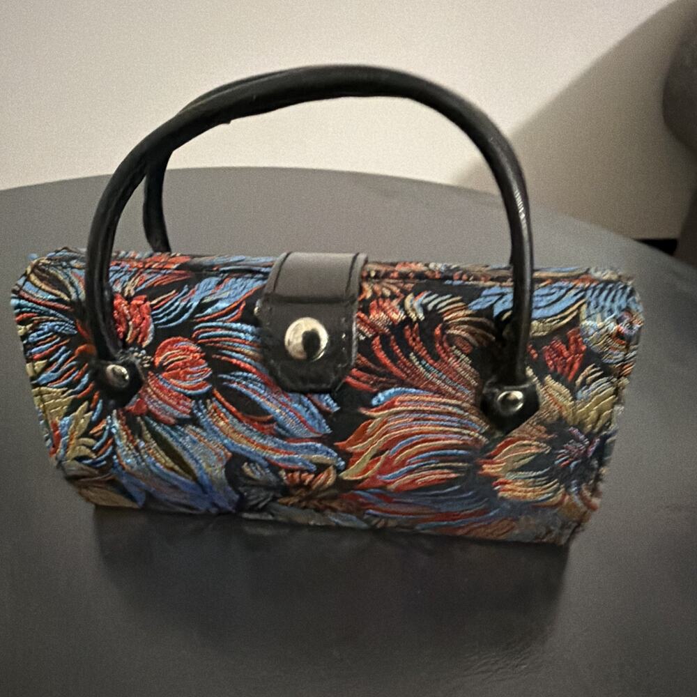 Multicolor Floral Top Handle eyeglass case Snap Closure Lined Leather Handle